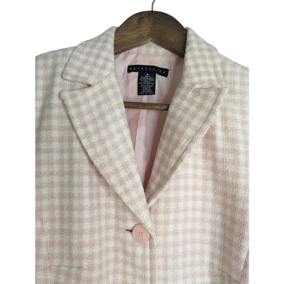 Apostrophe Pink & White Plaid Tweed Blazer Y2K Coquette Bow Accent Cropped sz 8 - Picture 3 of 11